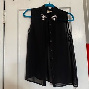 Pins and Needles Black Sheer Top with Jeweled Collar Medium
